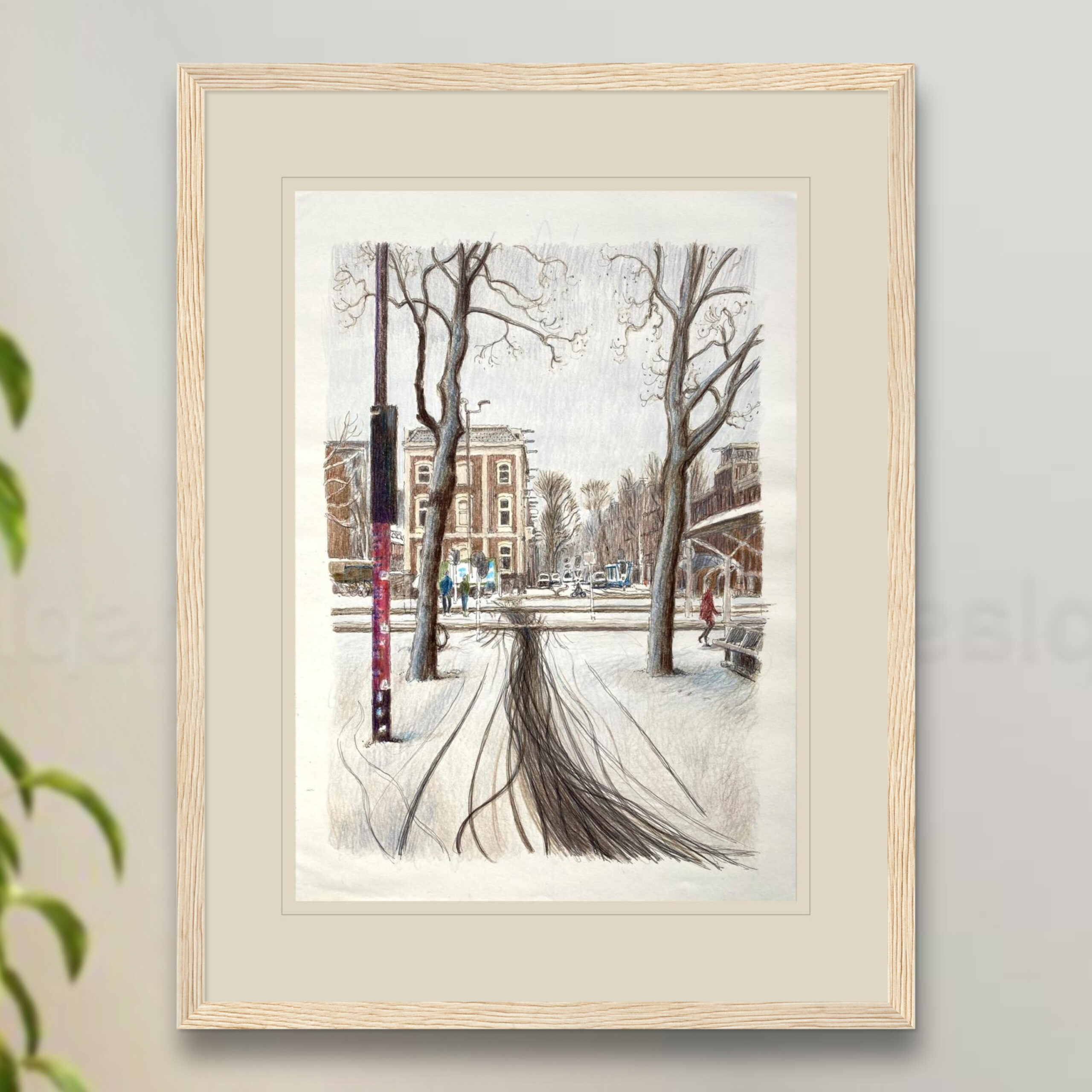 Weesperplein drawing framed on wall