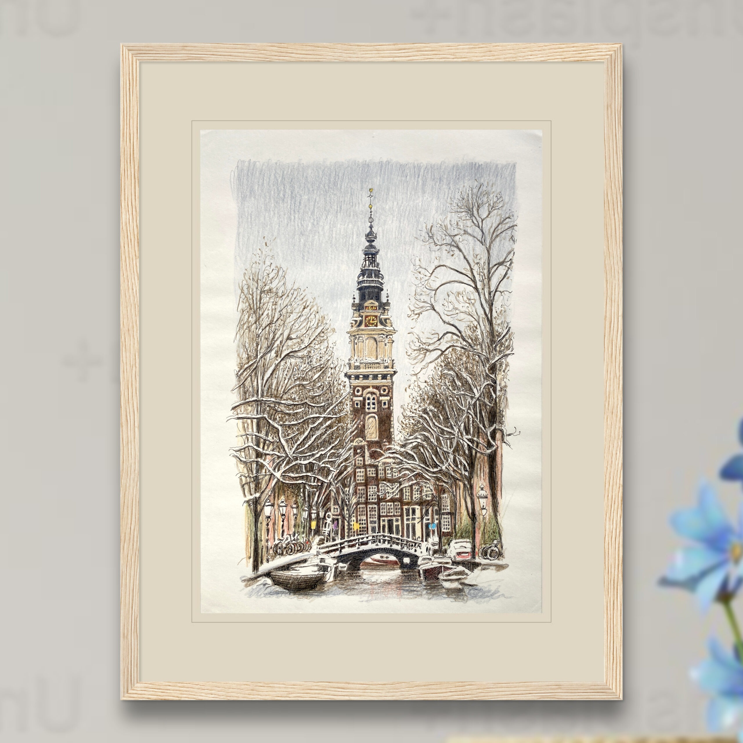 Zuiderkerk drawing framed on wall